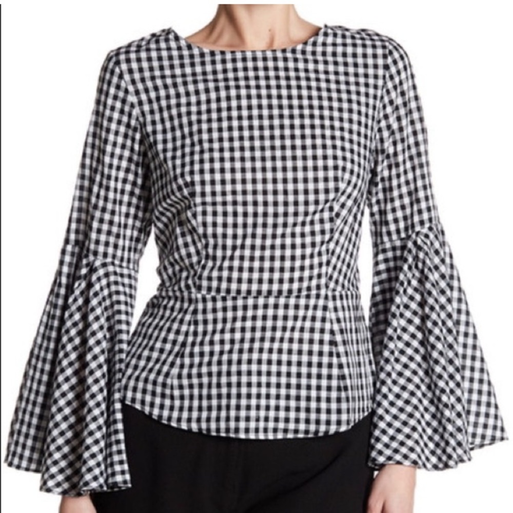 Nanette Lepore- X SMALL- Black and White Gingham Bell Sleeve Top